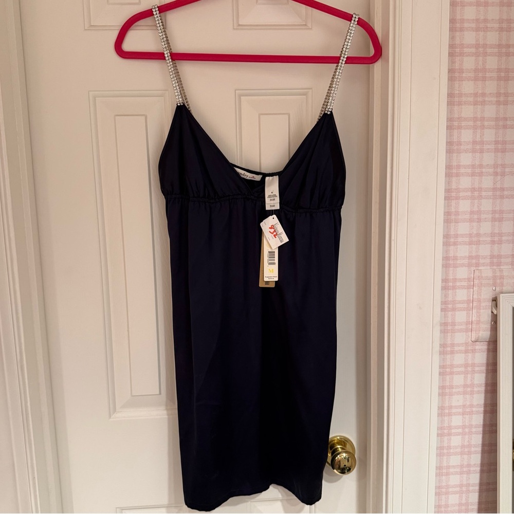 NWT Laundry by Design Silk, Crystal Strap Slip Dress, Navy Size Medium